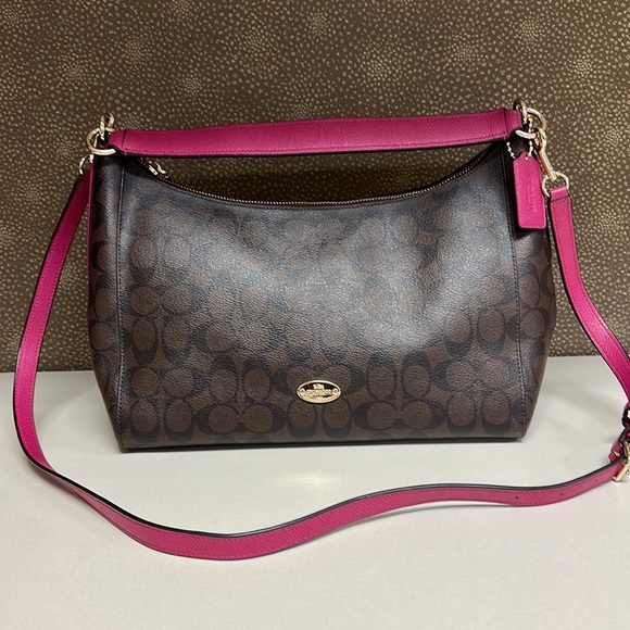 🔥🔥🔥Coach Signature Canvas Pink Leather Strap Crossbody Shoulder Bag - Picture 2 of 15